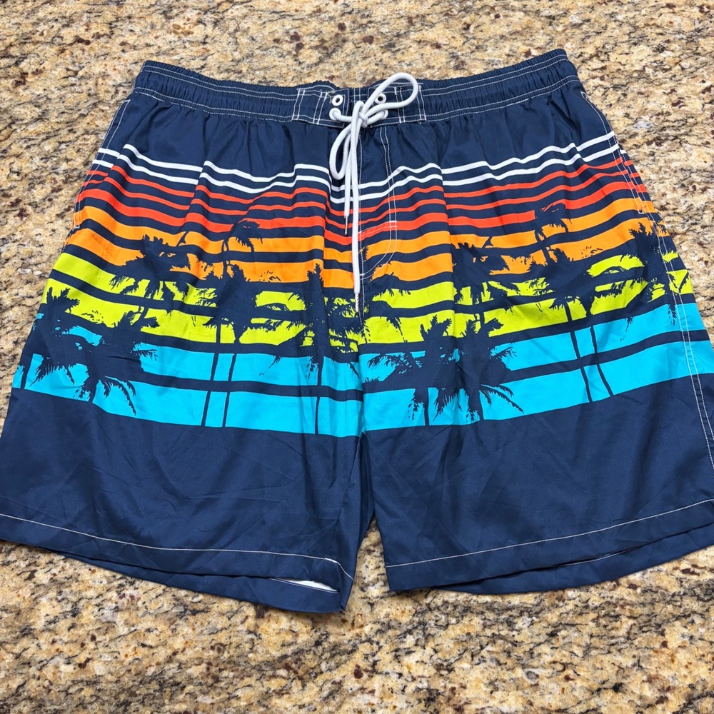 Kailua Surf Mens 4X Swim Trunks Navy Blue Palm Tree Sunset Stripe Board Shorts